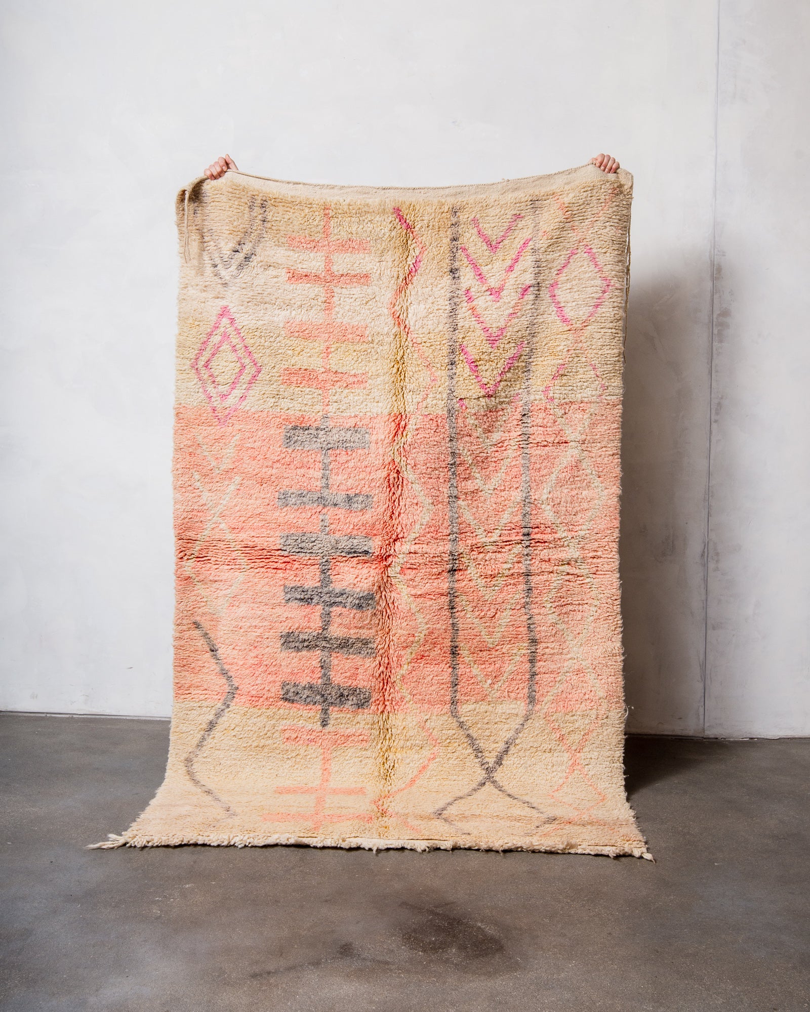 Modern, designer, handcrafted Berber rug from Morocco. Vintage carpet with beautiful colours and patterns and fluffy texture.