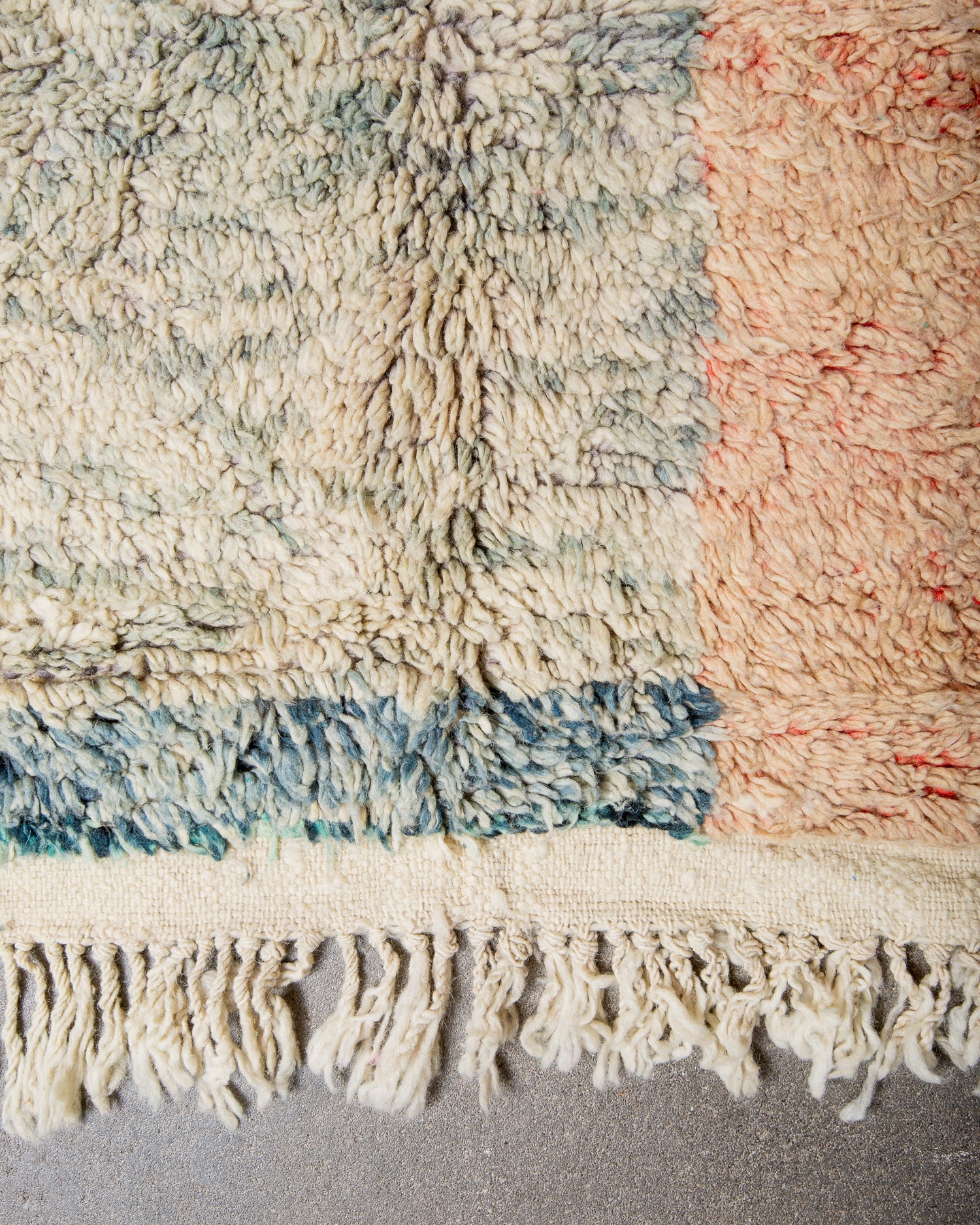 Modern, designer, handcrafted Berber rug from Morocco. Vintage carpet with beautiful colours and patterns and fluffy texture.