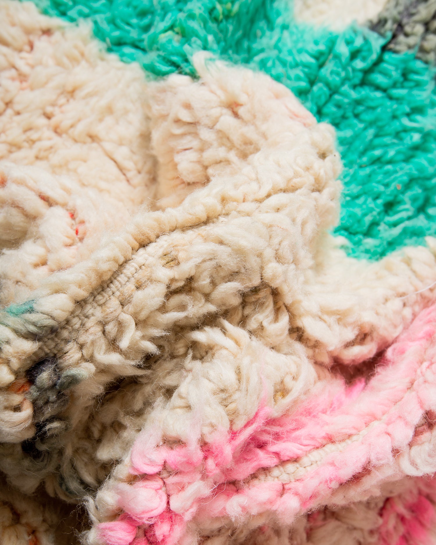 Modern, designer, handcrafted Berber rug from Morocco. Vintage carpet with beautiful colours and patterns and fluffy texture.