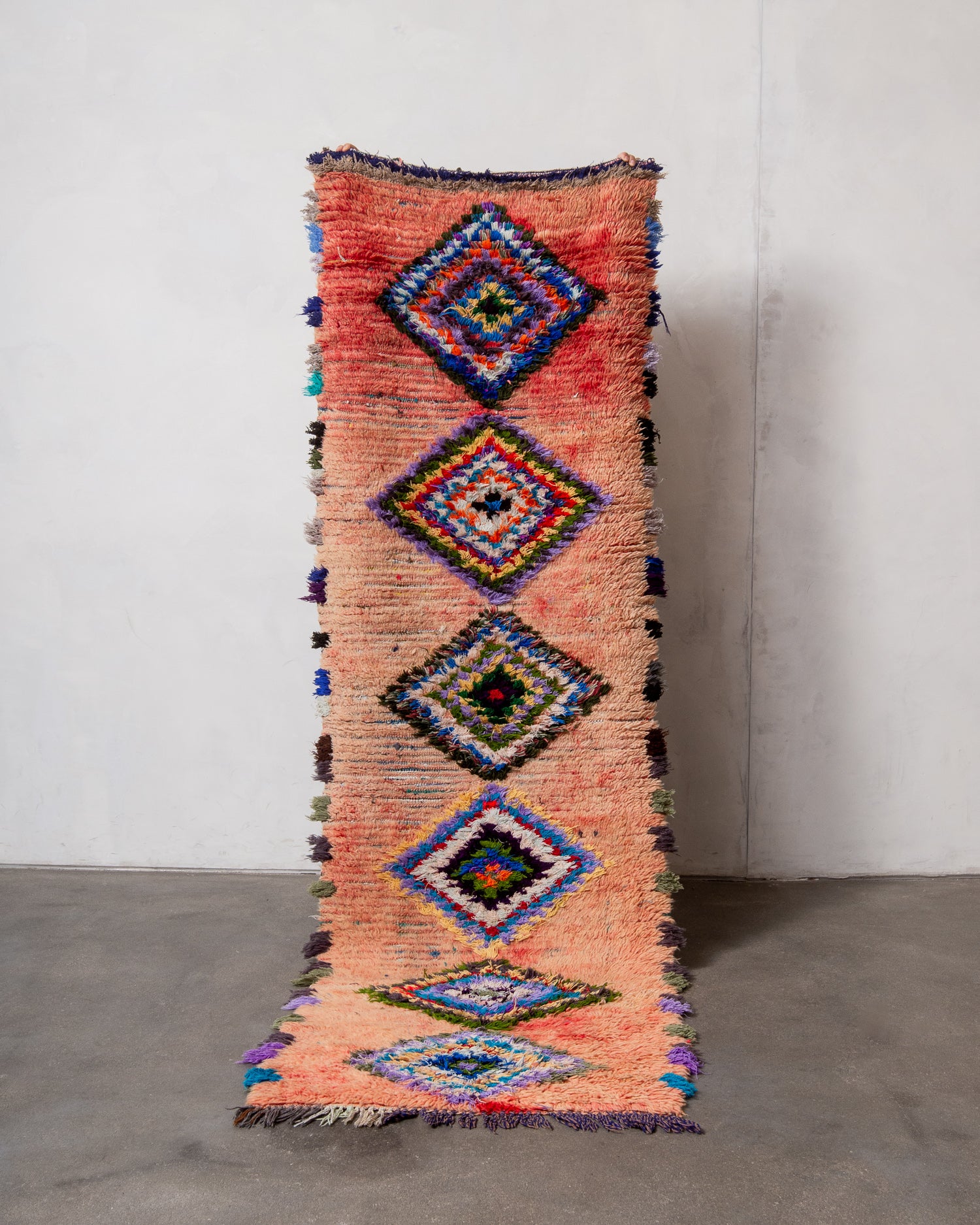 Modern, designer, handcrafted Berber runner rug from Morocco. Vintage carpet with beautiful colours and patterns and fluffy texture.