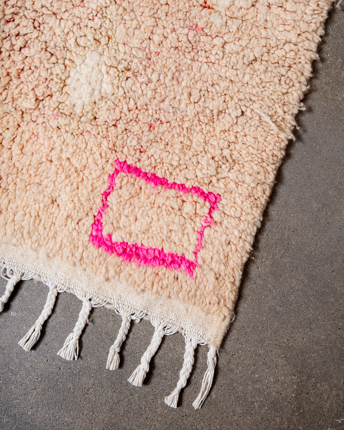 Modern, designer, handcrafted Berber rug from Morocco. Vintage carpet with beautiful colours and patterns and fluffy texture.