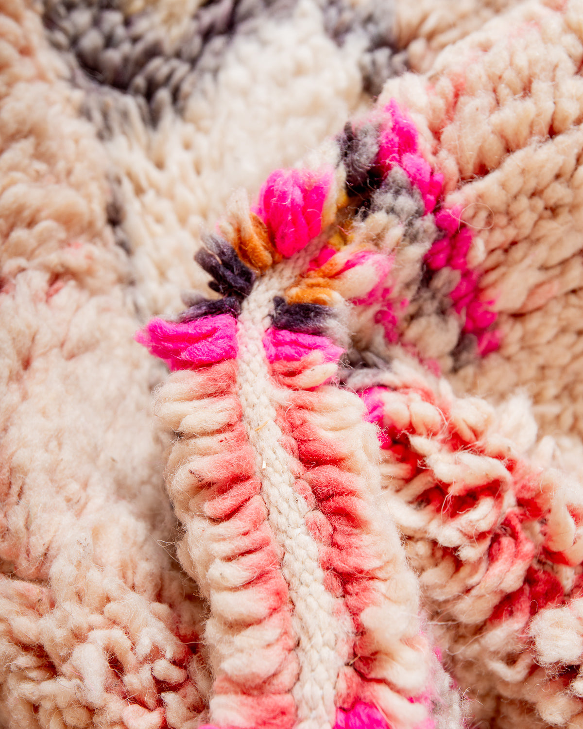 Modern, designer, handcrafted Berber rug from Morocco. Vintage carpet with beautiful colours and patterns and fluffy texture.