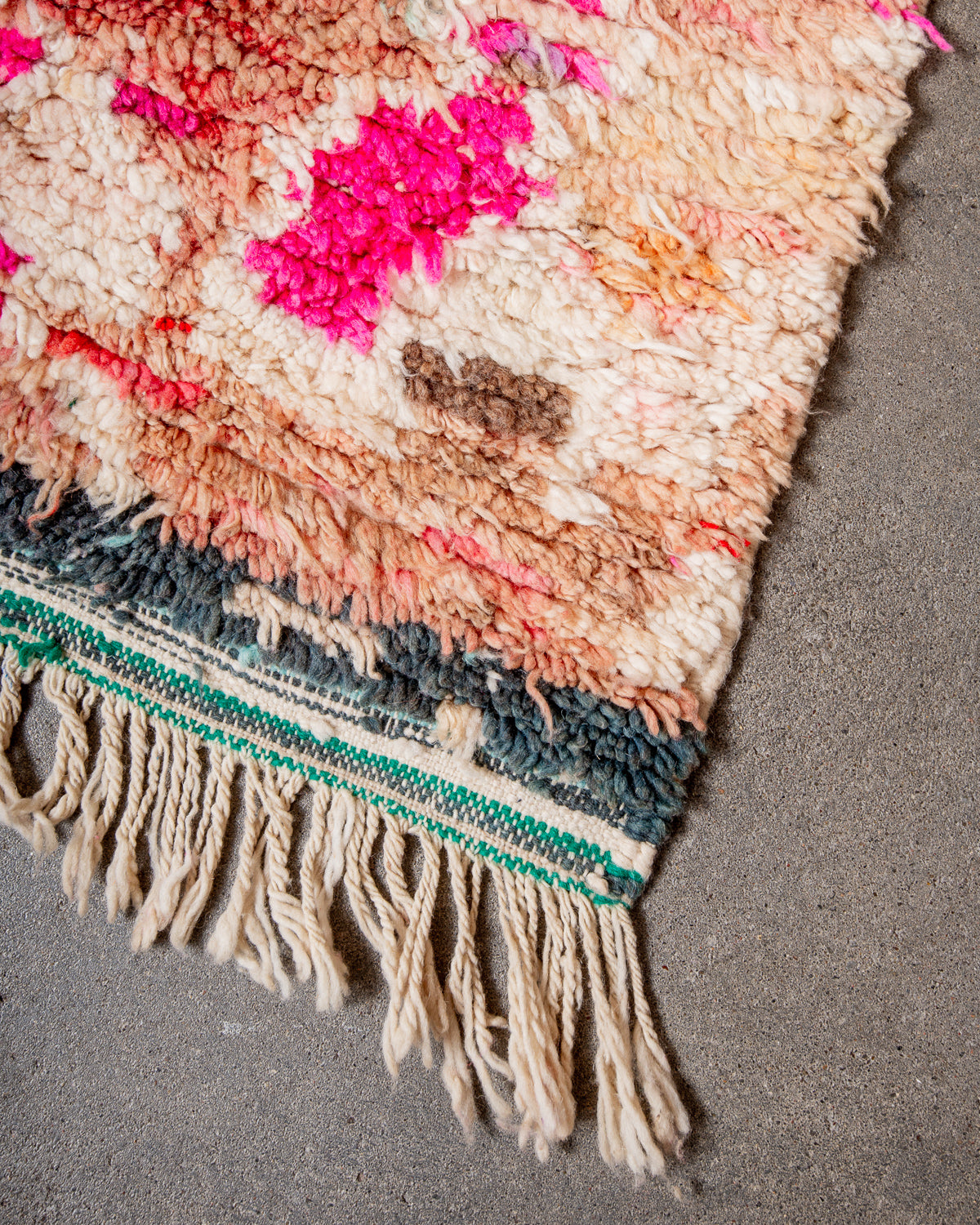 Modern, designer, handcrafted Berber rug from Morocco. Vintage carpet with beautiful colours and patterns and fluffy texture.