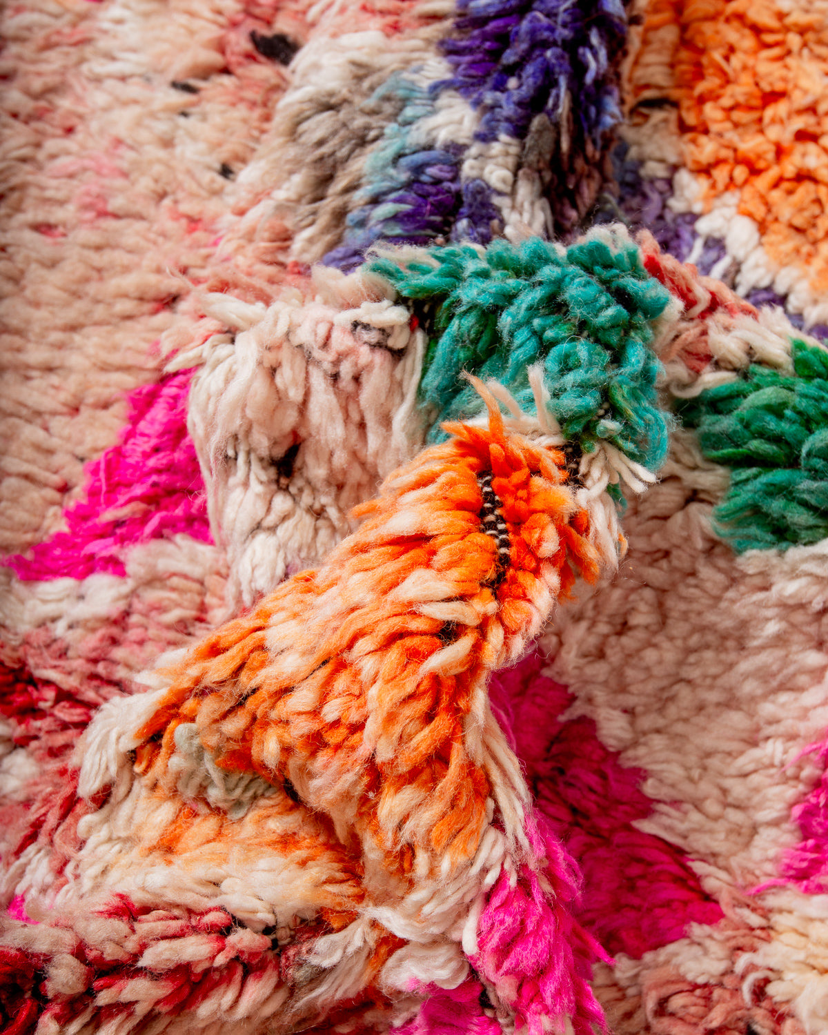 Modern, designer, handcrafted Berber rug from Morocco. Vintage carpet with beautiful colours and patterns and fluffy texture.