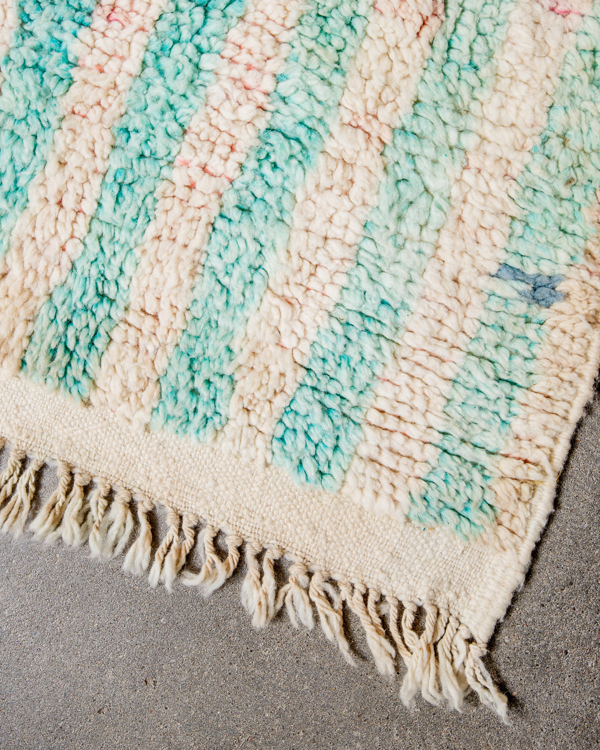 Modern, designer, handcrafted Berber rug from Morocco. Vintage carpet with beautiful colours and patterns and fluffy texture.