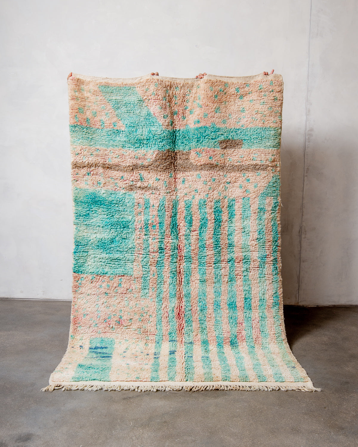 Modern, designer, handcrafted Berber rug from Morocco. Vintage carpet with beautiful colours and patterns and fluffy texture.