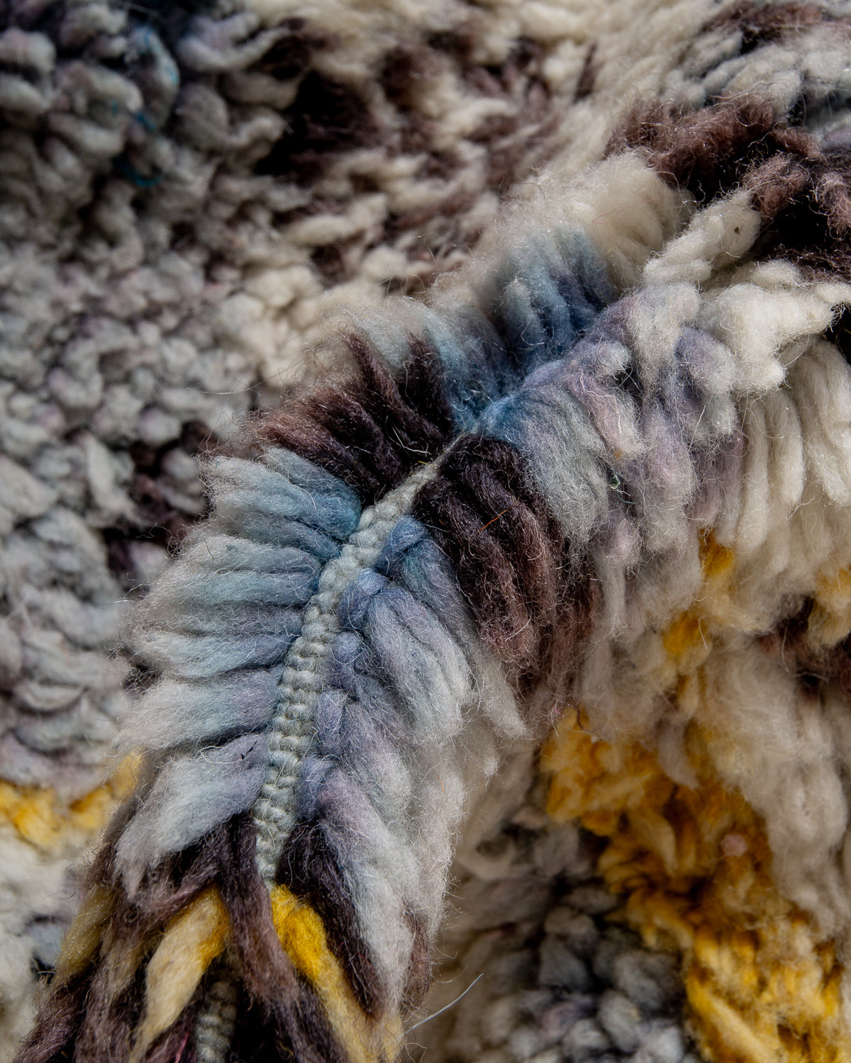 Modern, designer, handcrafted Berber rug from Morocco. Vintage carpet with beautiful colours and patterns and fluffy texture.