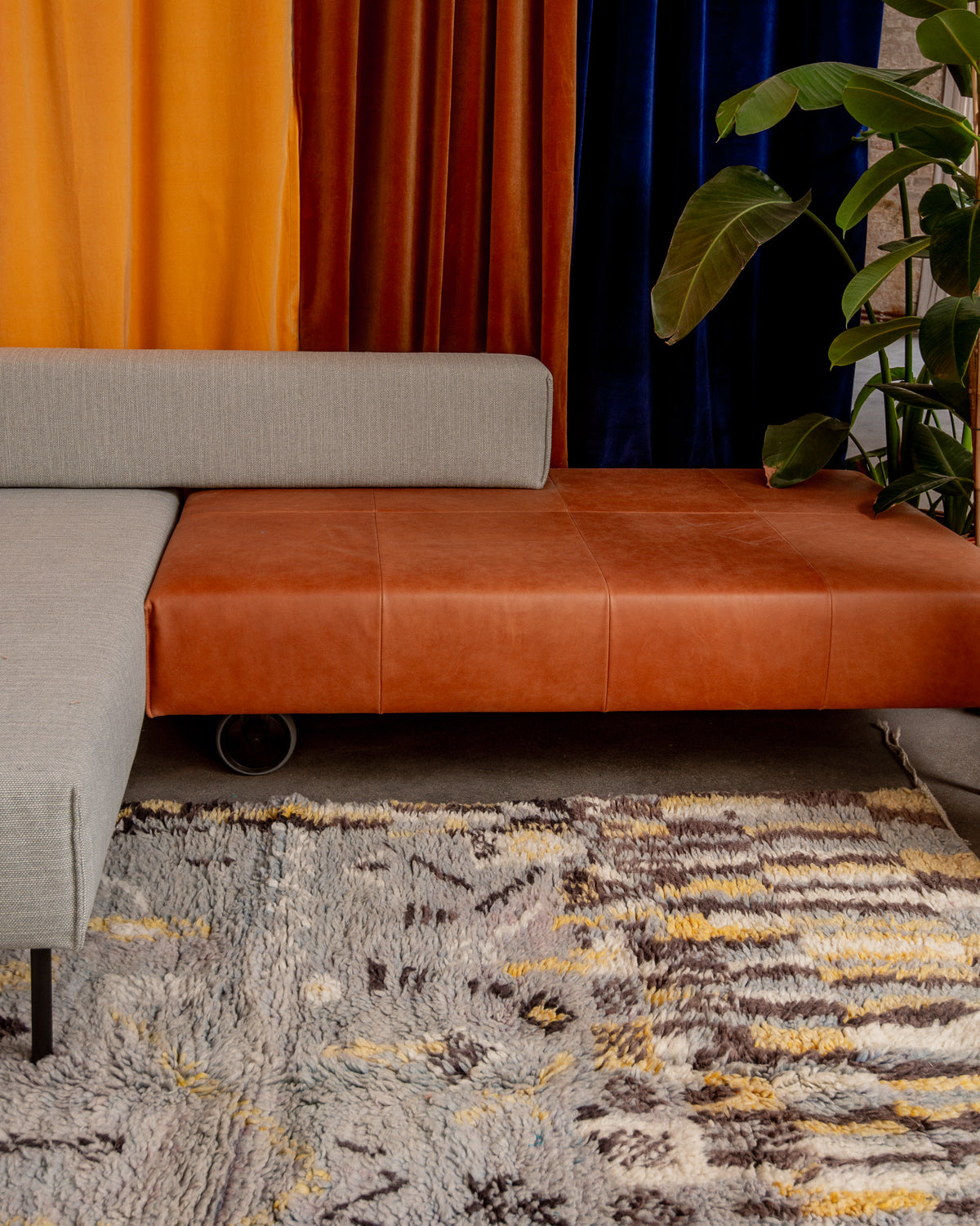 Modern, designer, handcrafted Berber rug from Morocco. Vintage carpet with beautiful colours and patterns and fluffy texture.