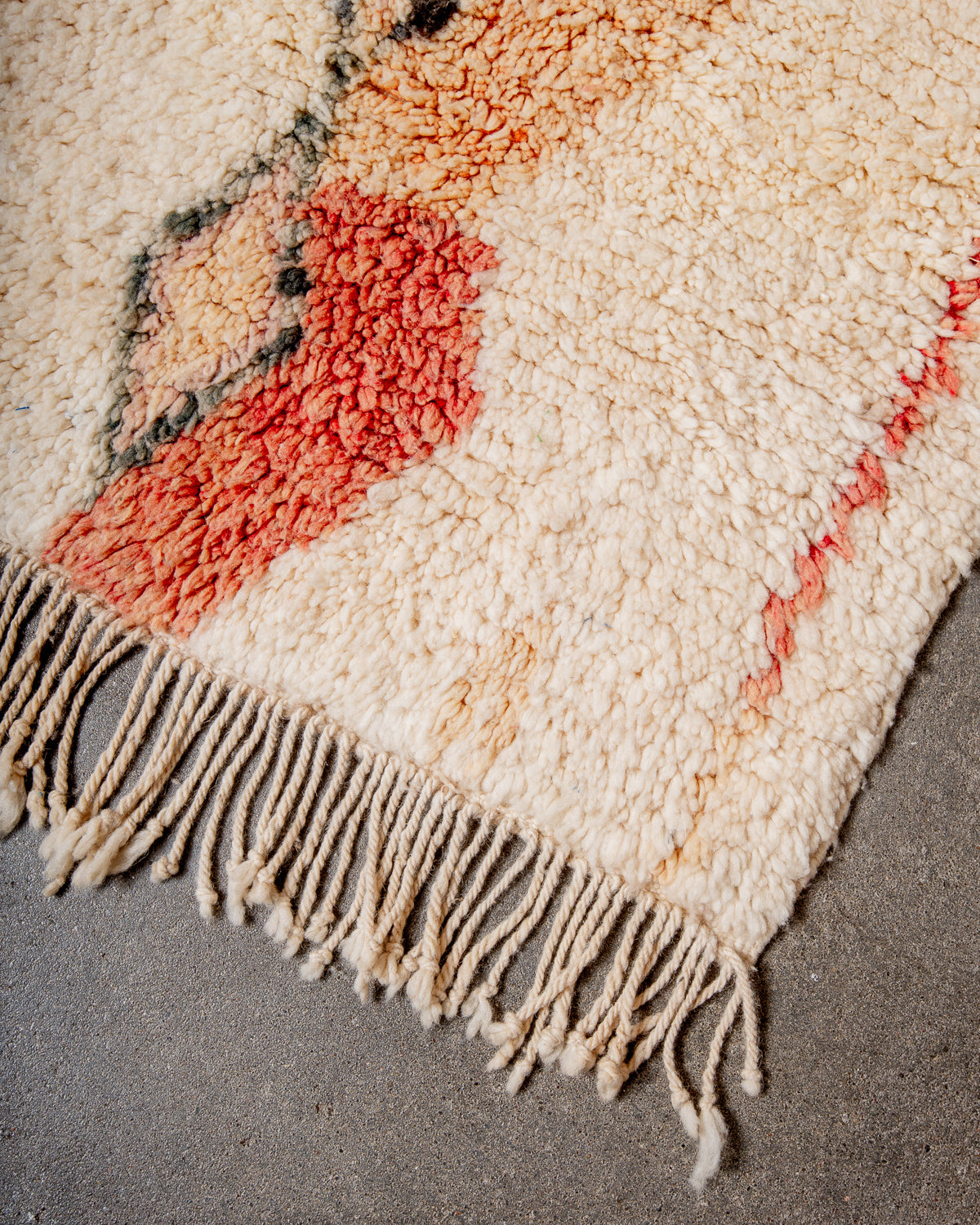 Modern, designer, handcrafted Berber rug from Morocco. Vintage carpet with beautiful colours and patterns and fluffy texture.