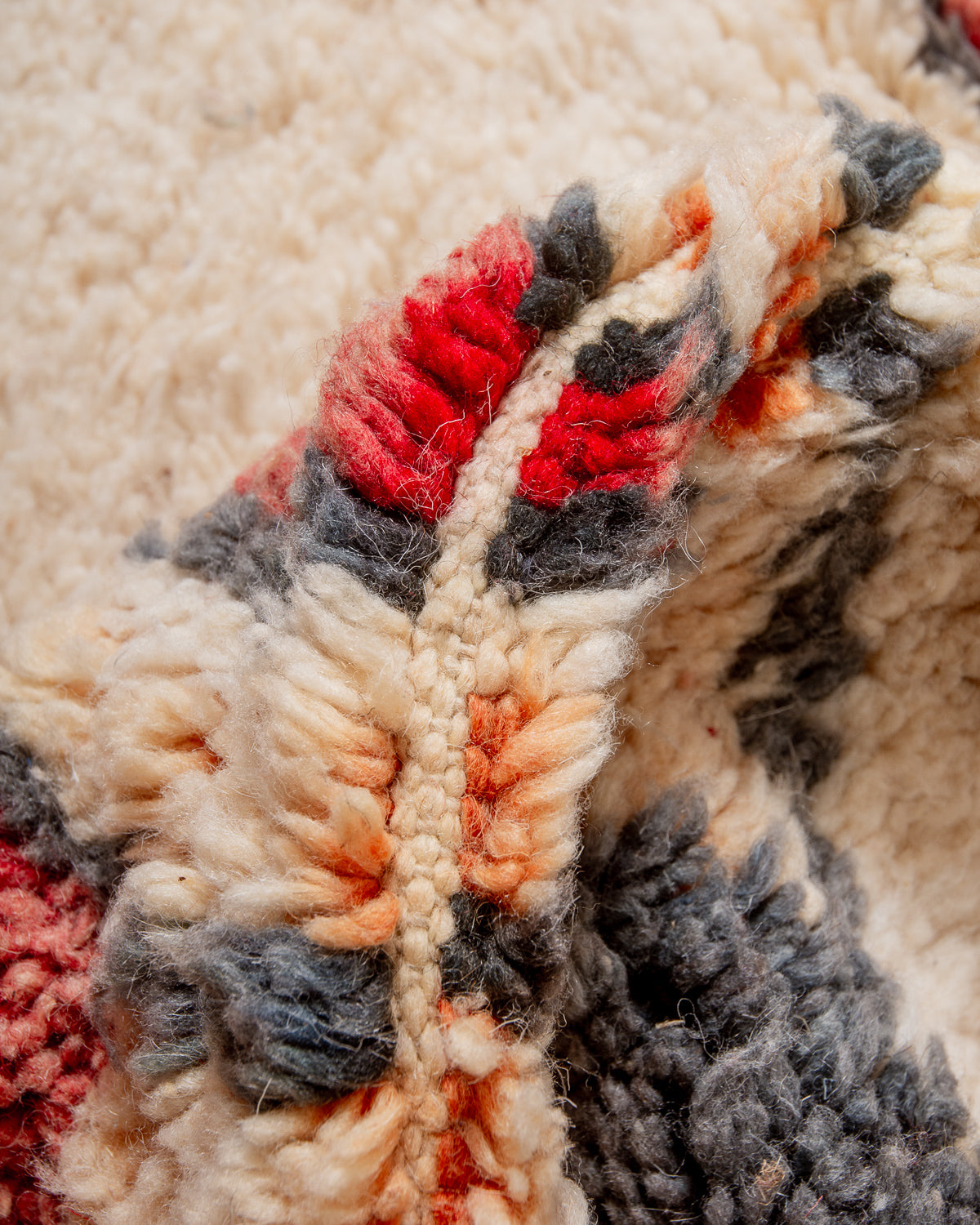 Modern, designer, handcrafted Berber rug from Morocco. Vintage carpet with beautiful colours and patterns and fluffy texture.