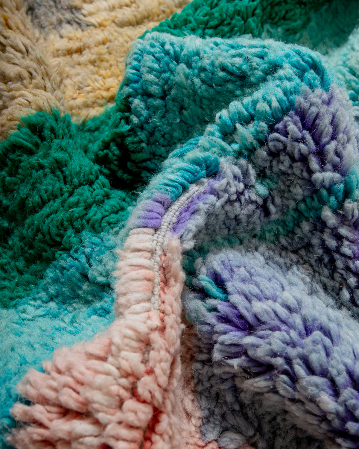 Modern, designer, handcrafted Berber rug from Morocco. Vintage carpet with beautiful colours and patterns and fluffy texture.