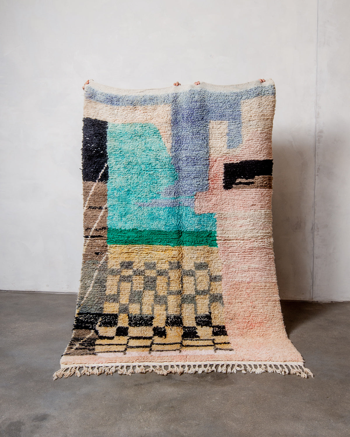 Modern, designer, handcrafted Berber rug from Morocco. Vintage carpet with beautiful colours and patterns and fluffy texture.