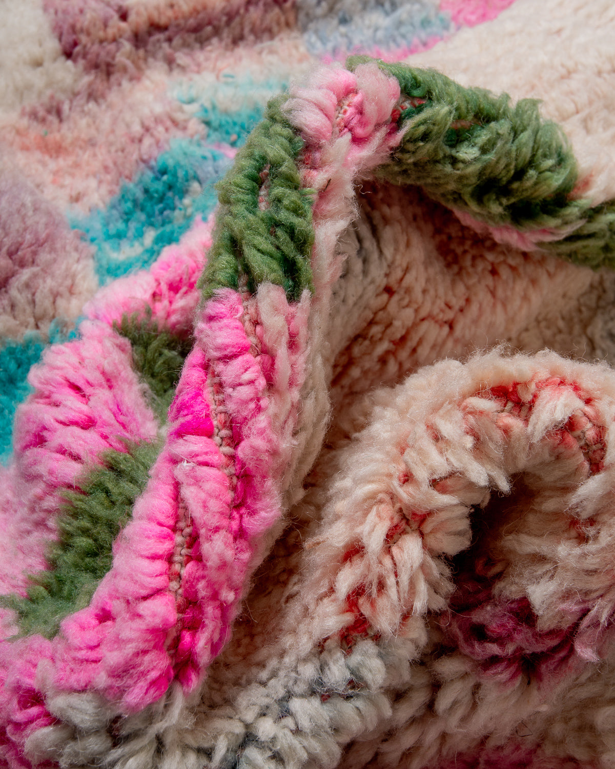 Modern, designer, handcrafted Berber rug from Morocco. Vintage carpet with beautiful colours and patterns and fluffy texture.