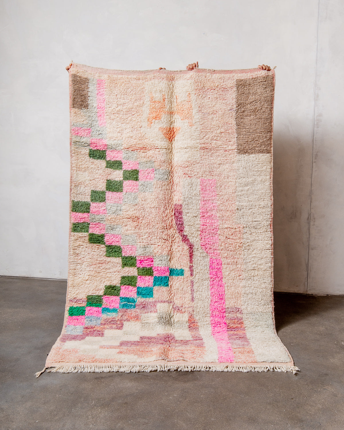 Modern, designer, handcrafted Berber rug from Morocco. Vintage carpet with beautiful colours and patterns and fluffy texture.