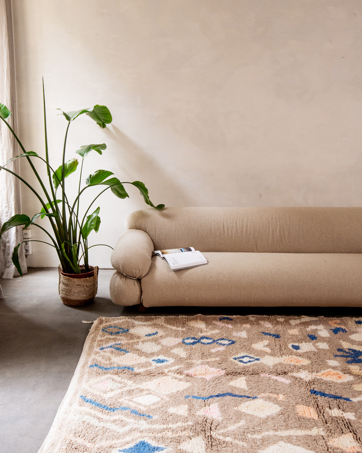 Modern, designer, handcrafted Berber rug from Morocco. Vintage carpet with beautiful colours and patterns and fluffy texture.