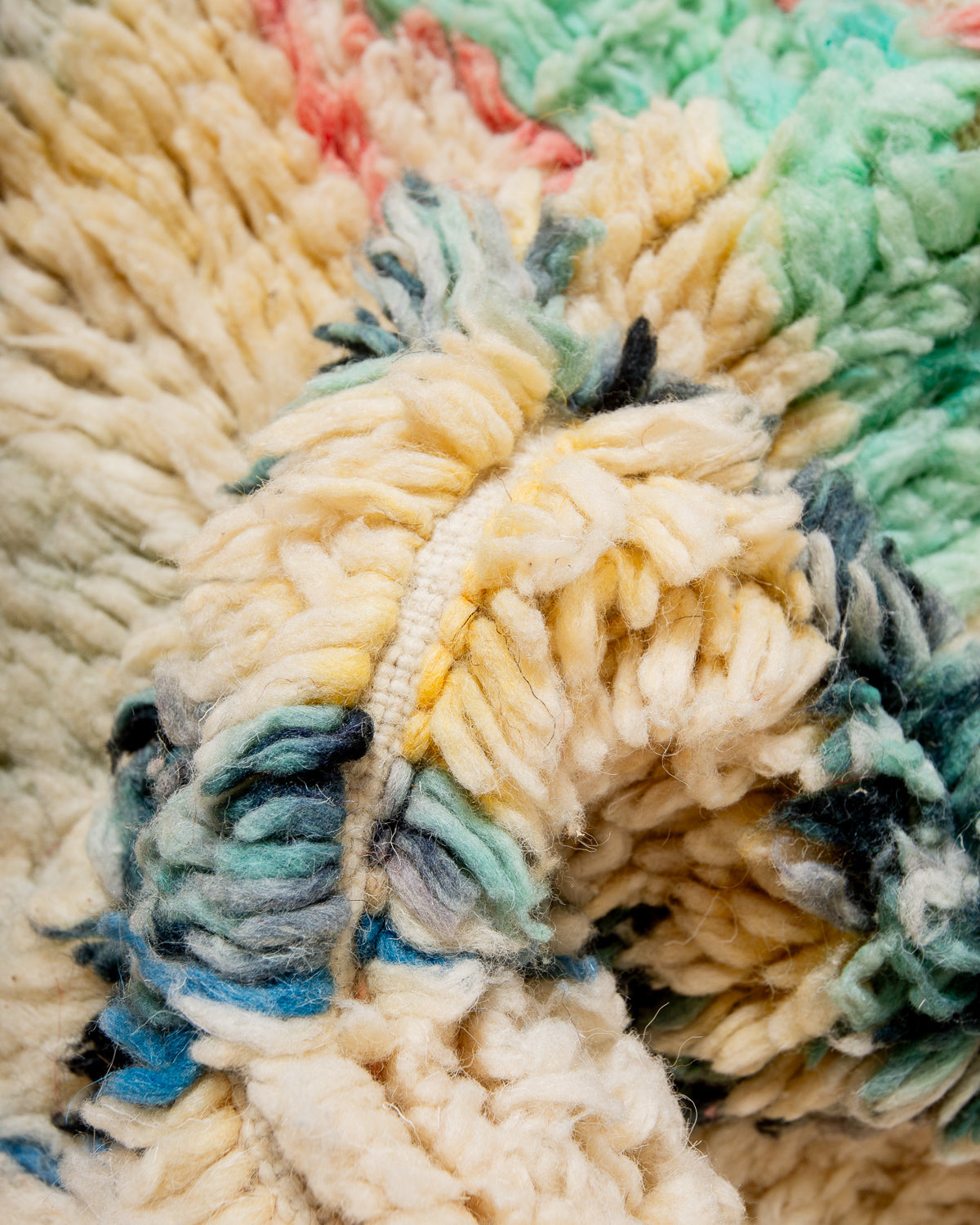 Modern, designer, handcrafted Berber rug from Morocco. Vintage carpet with beautiful colours and patterns and fluffy texture.