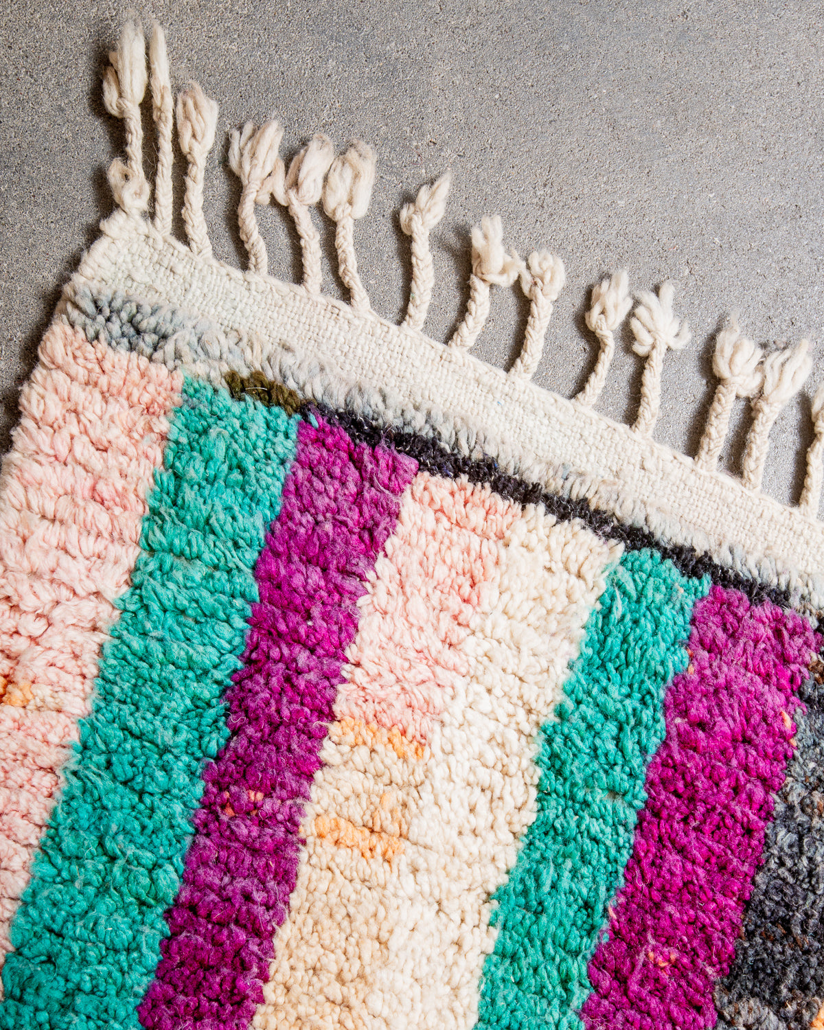 Modern, designer, handcrafted Berber rug from Morocco. Vintage carpet with beautiful colours and patterns and fluffy texture.