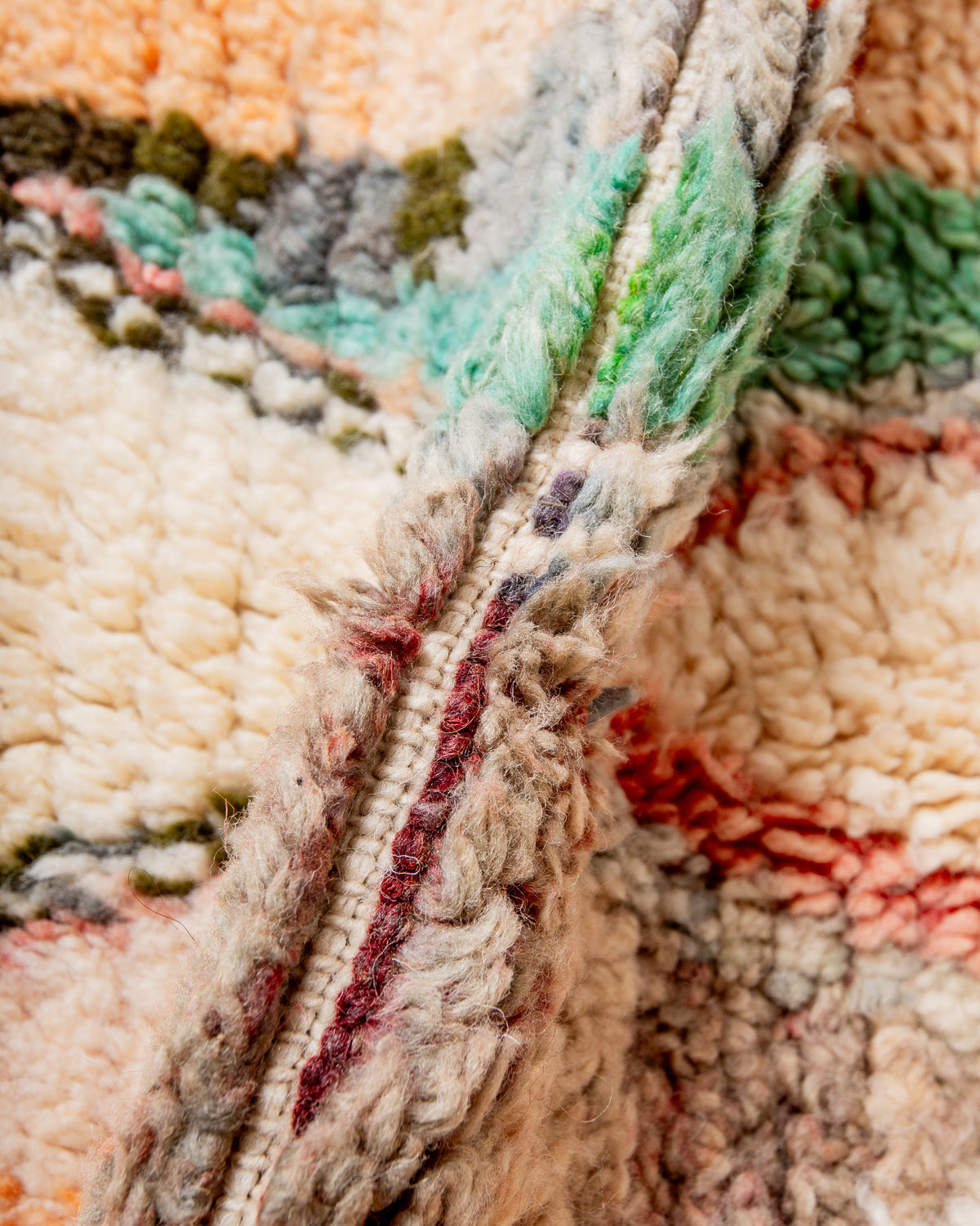 Modern, designer, handcrafted Berber rug from Morocco. Vintage carpet with beautiful colours and patterns and fluffy texture.