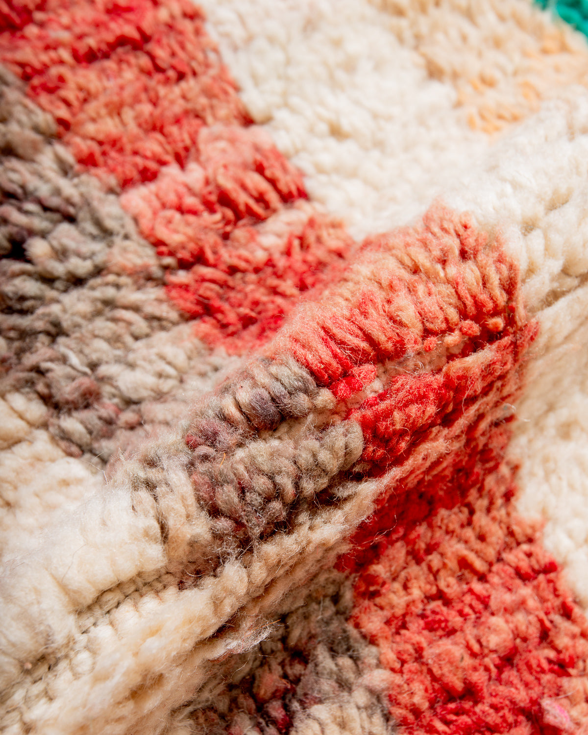 Modern, designer, handcrafted Berber rug from Morocco. Vintage carpet with beautiful colours and patterns and fluffy texture.