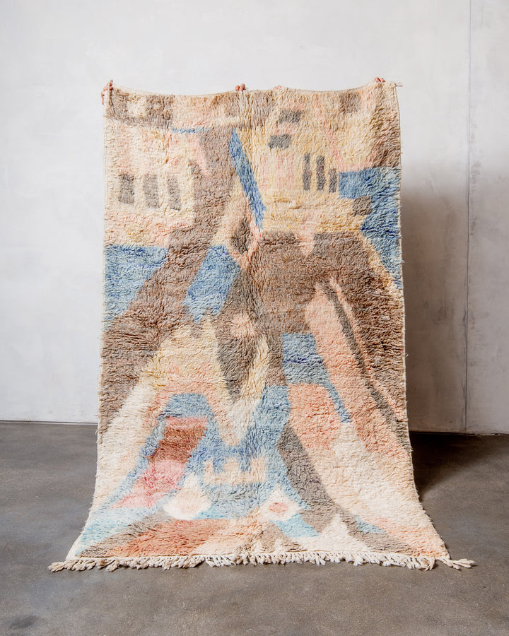 Modern, designer, handcrafted Berber rug from Morocco. Vintage carpet with beautiful colours and patterns and fluffy texture.