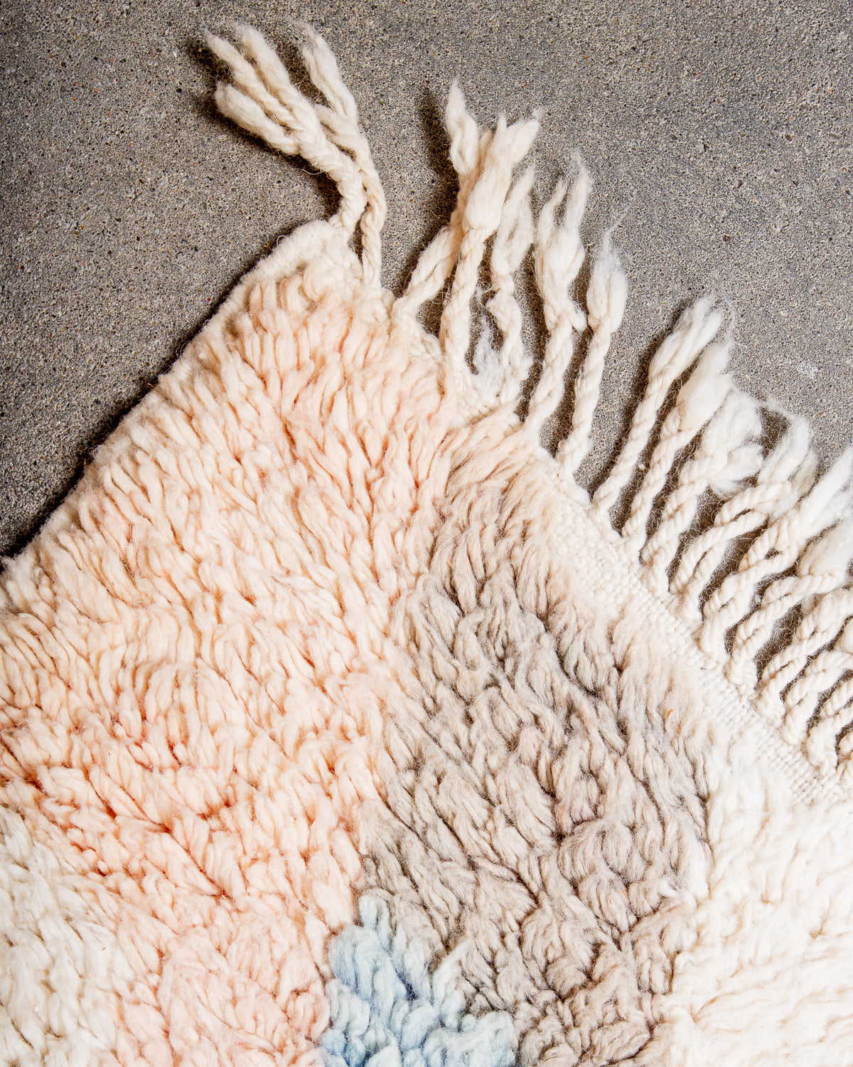 Modern, designer, handcrafted Berber rug from Morocco. Vintage carpet with beautiful colours and patterns and fluffy texture.