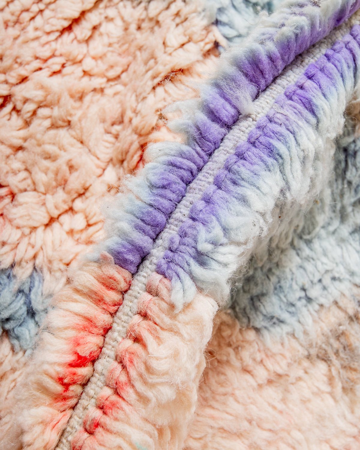 Modern, designer, handcrafted Berber rug from Morocco. Vintage carpet with beautiful colours and patterns and fluffy texture.