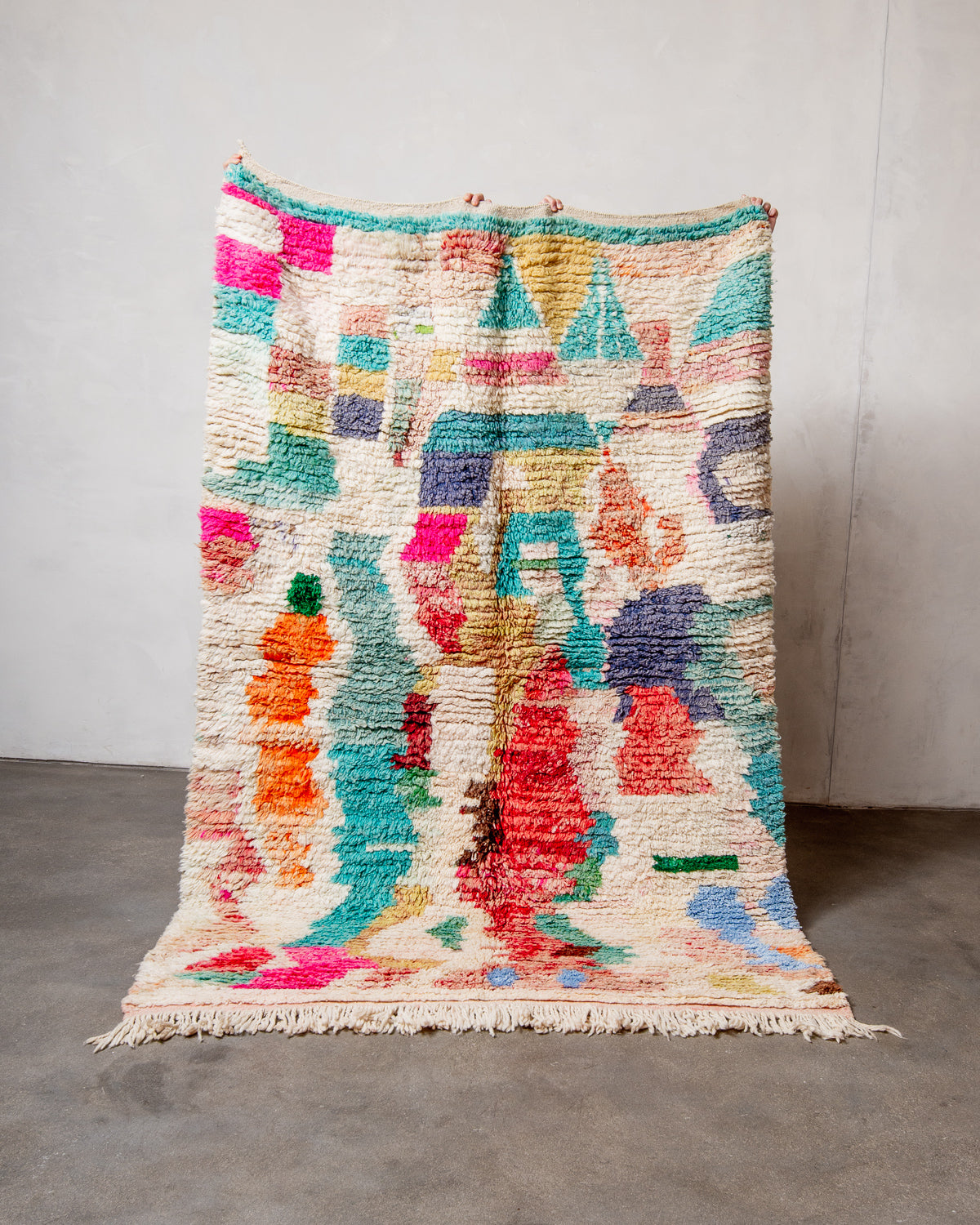 Modern, designer, handcrafted Berber rug from Morocco. Vintage carpet with beautiful colours and patterns and fluffy texture.