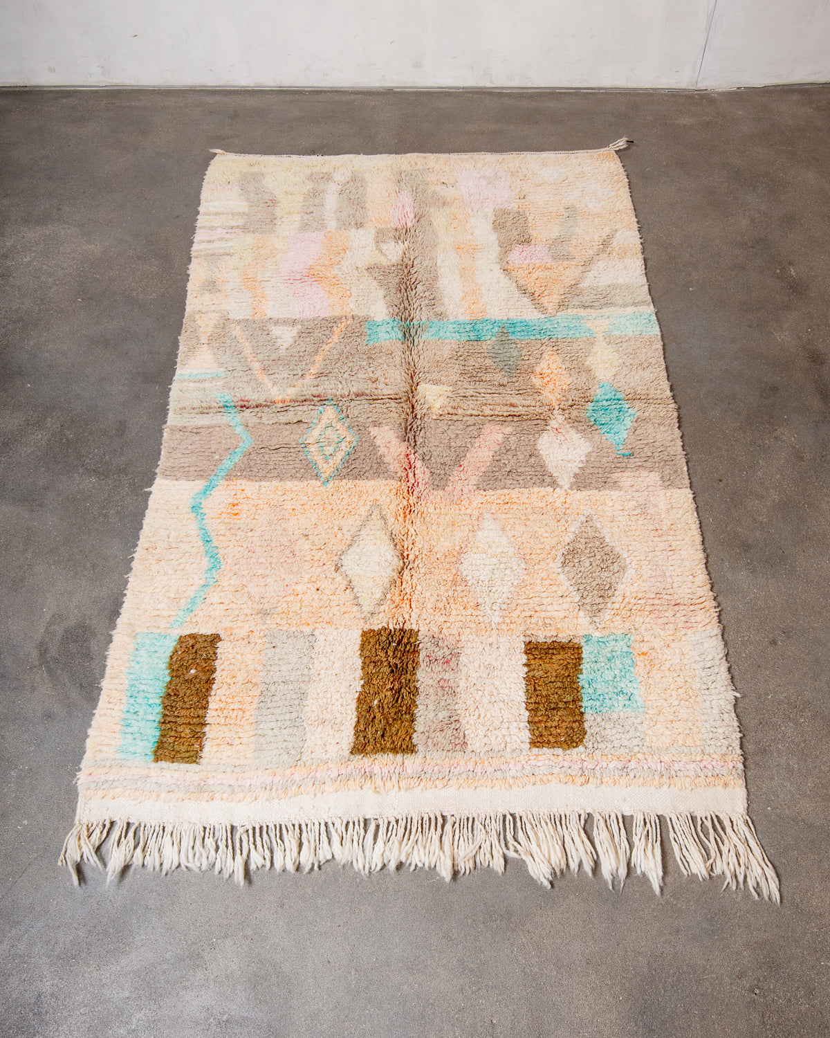 Modern, designer, handcrafted Berber rug from Morocco. Vintage carpet with beautiful colours and patterns and fluffy texture.