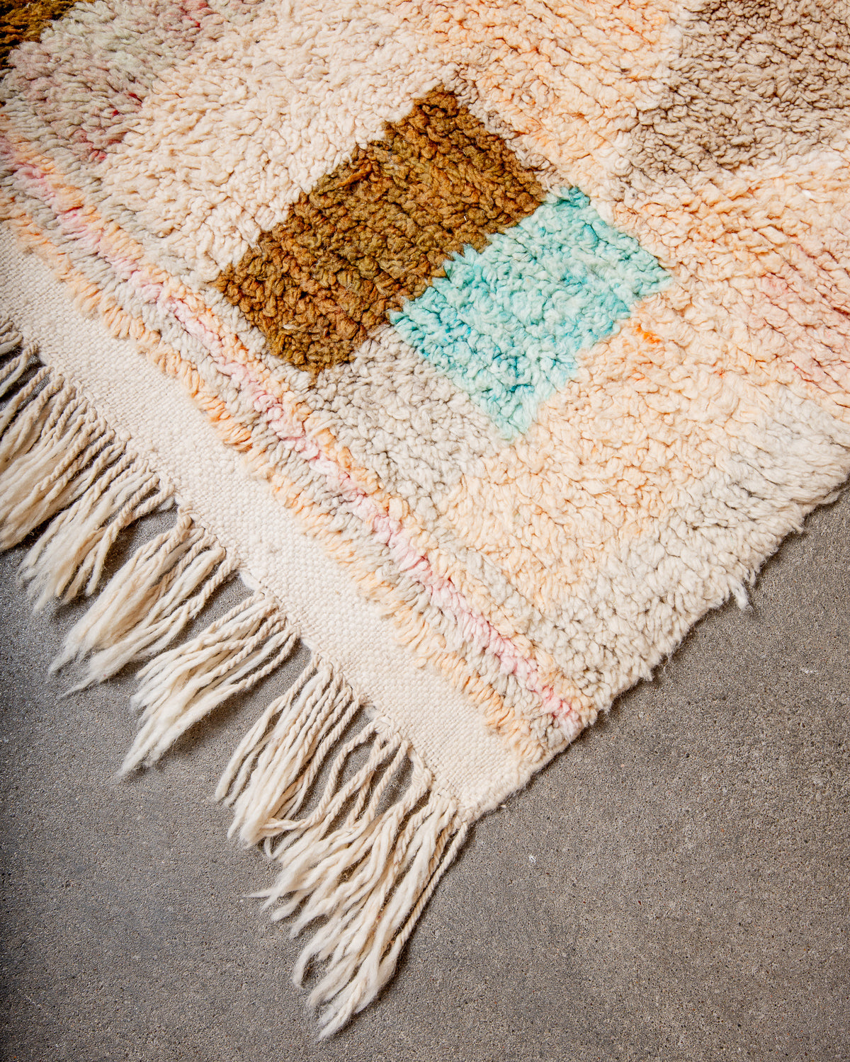 Modern, designer, handcrafted Berber rug from Morocco. Vintage carpet with beautiful colours and patterns and fluffy texture.