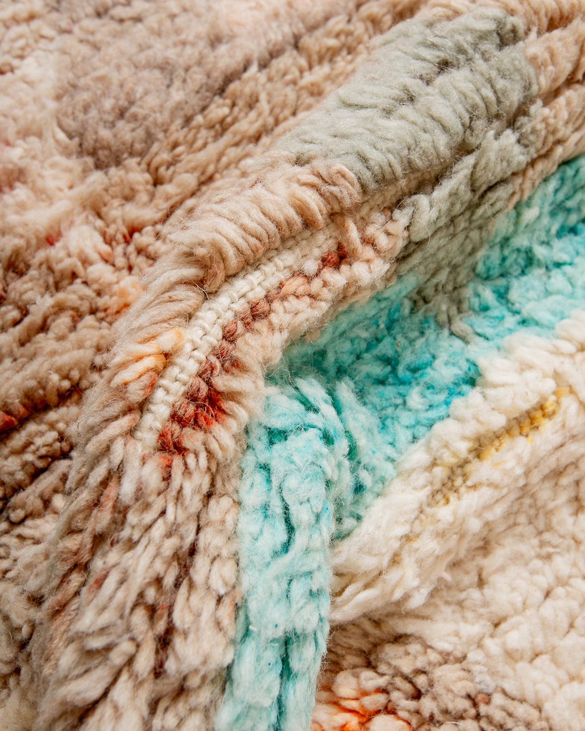 Modern, designer, handcrafted Berber rug from Morocco. Vintage carpet with beautiful colours and patterns and fluffy texture.