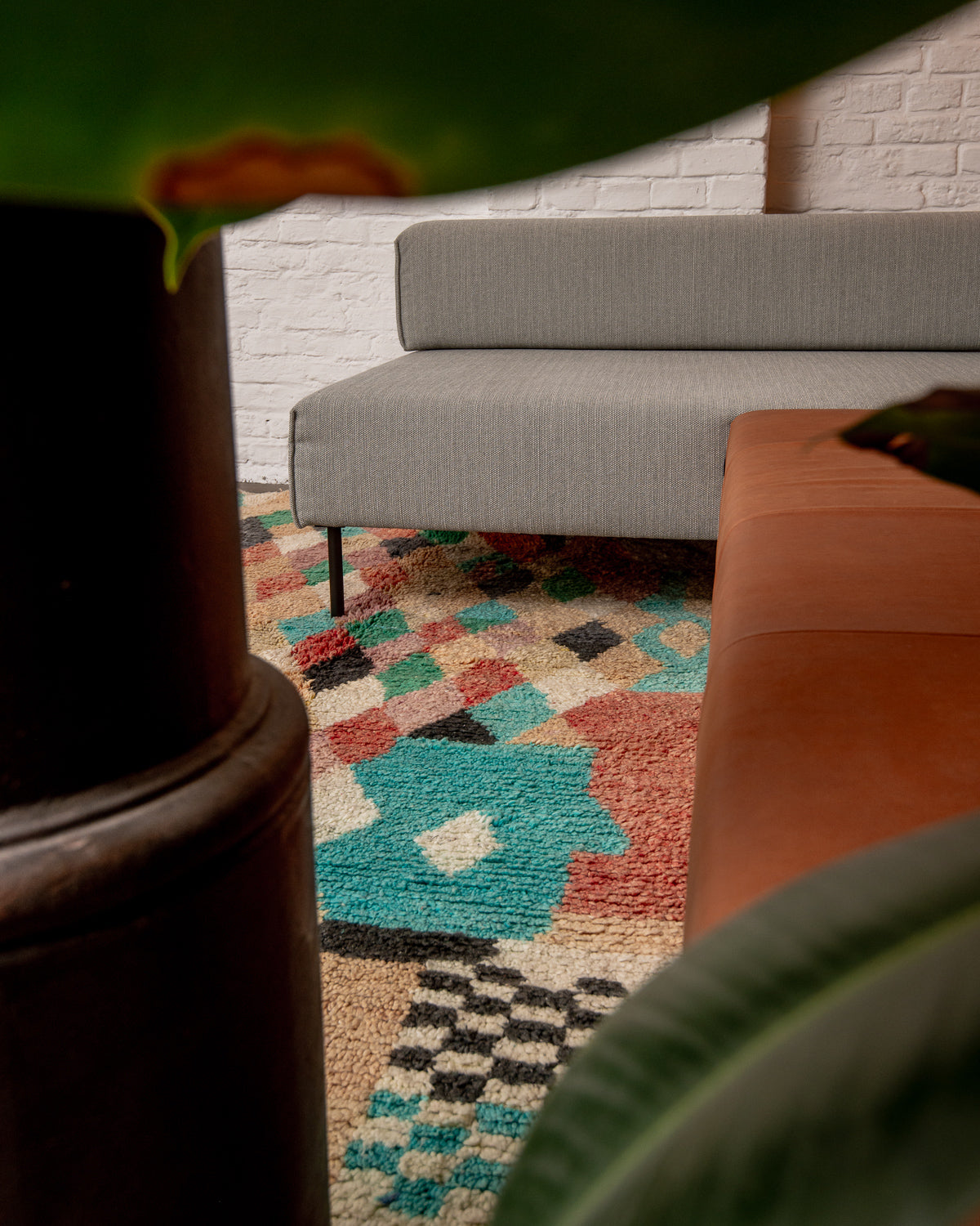 Modern, designer, handcrafted Berber rug from Morocco. Vintage carpet with beautiful colours and patterns and fluffy texture.