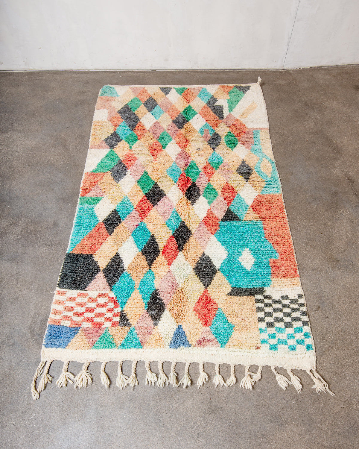 Modern, designer, handcrafted Berber rug from Morocco. Vintage carpet with beautiful colours and patterns and fluffy texture.