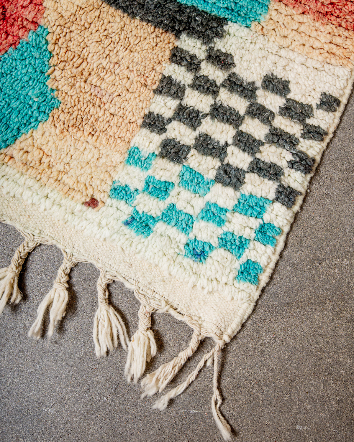 Modern, designer, handcrafted Berber rug from Morocco. Vintage carpet with beautiful colours and patterns and fluffy texture.