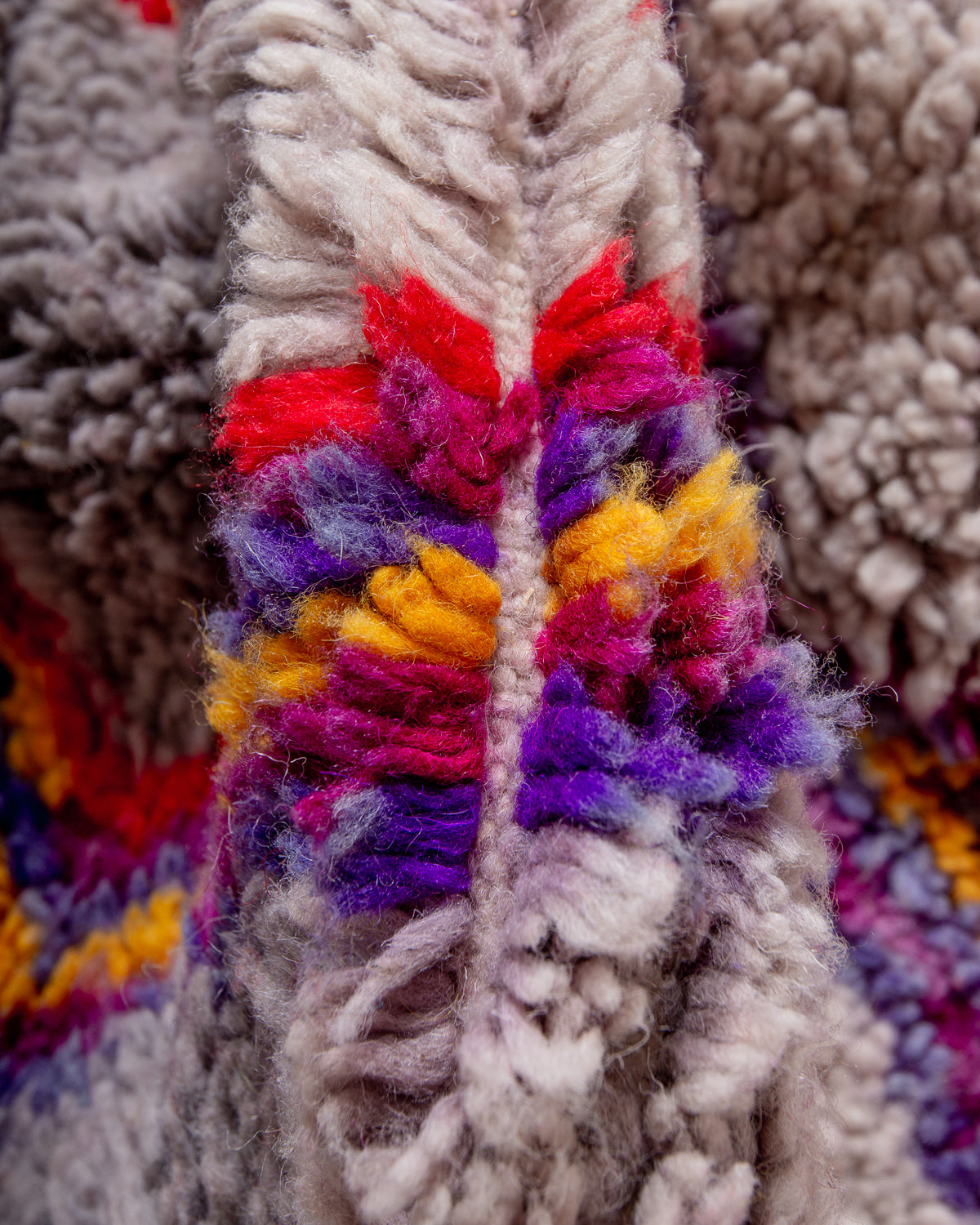 Modern, designer, handcrafted Berber rug from Morocco. Vintage carpet with beautiful colours and patterns and fluffy texture.