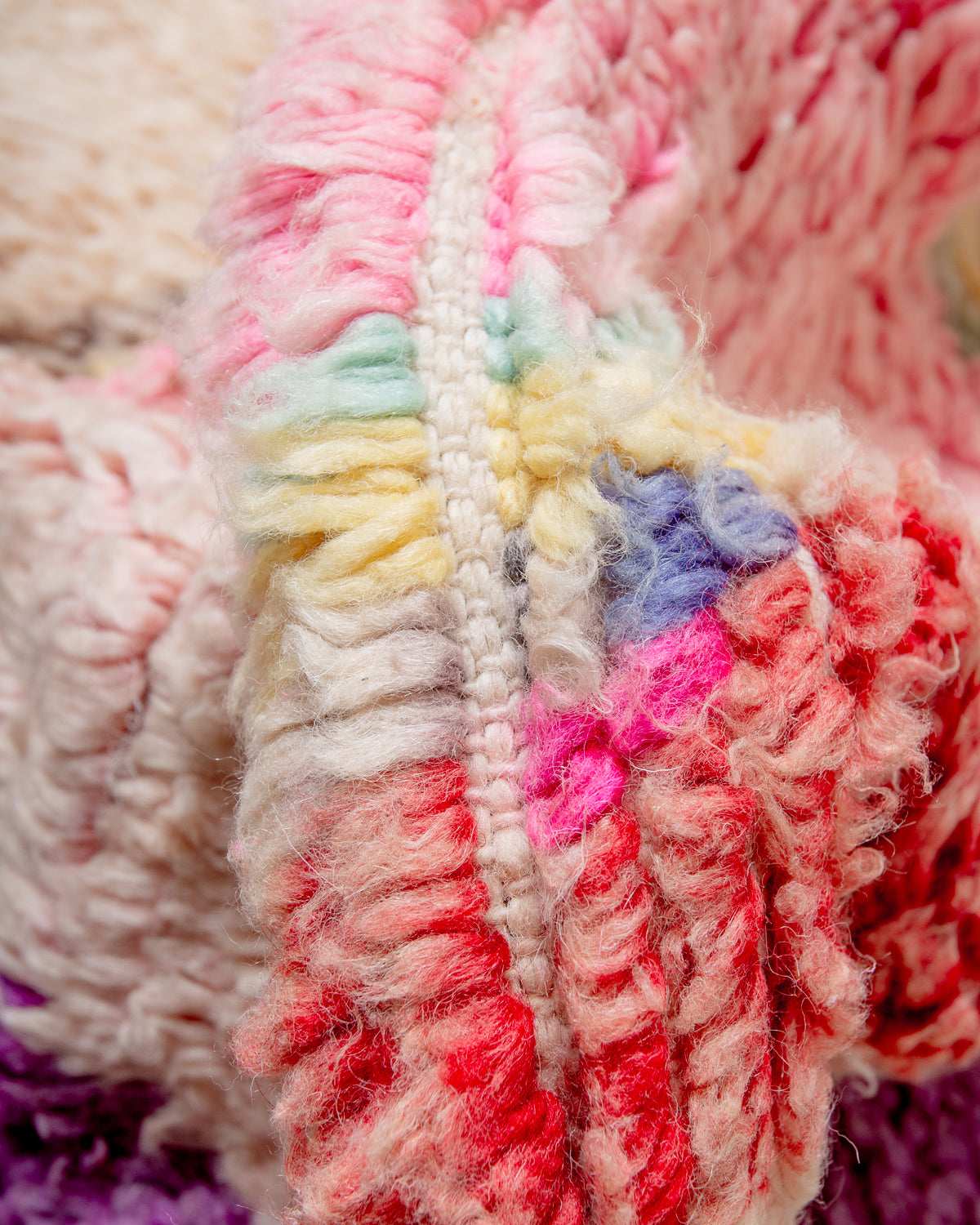 Modern, designer, handcrafted Berber rug from Morocco. Vintage carpet with beautiful colours and patterns and fluffy texture.