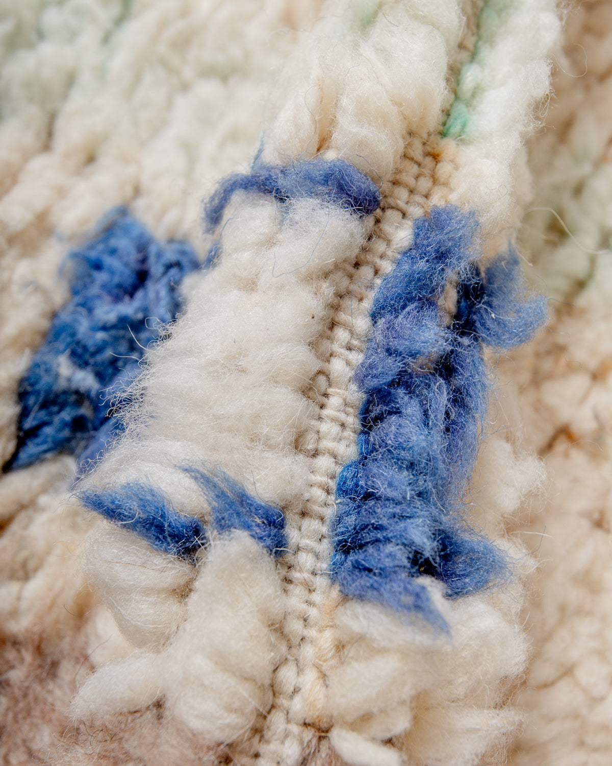 Modern, designer, handcrafted Berber rug from Morocco. Vintage carpet with beautiful colours and patterns and fluffy texture.