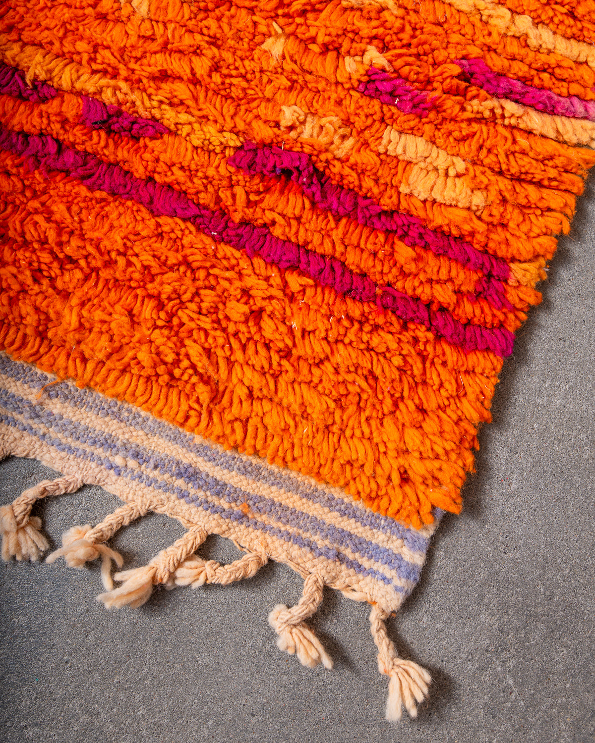 Modern, designer, handcrafted Berber rug from Morocco. Vintage carpet with beautiful colours and patterns and fluffy texture.