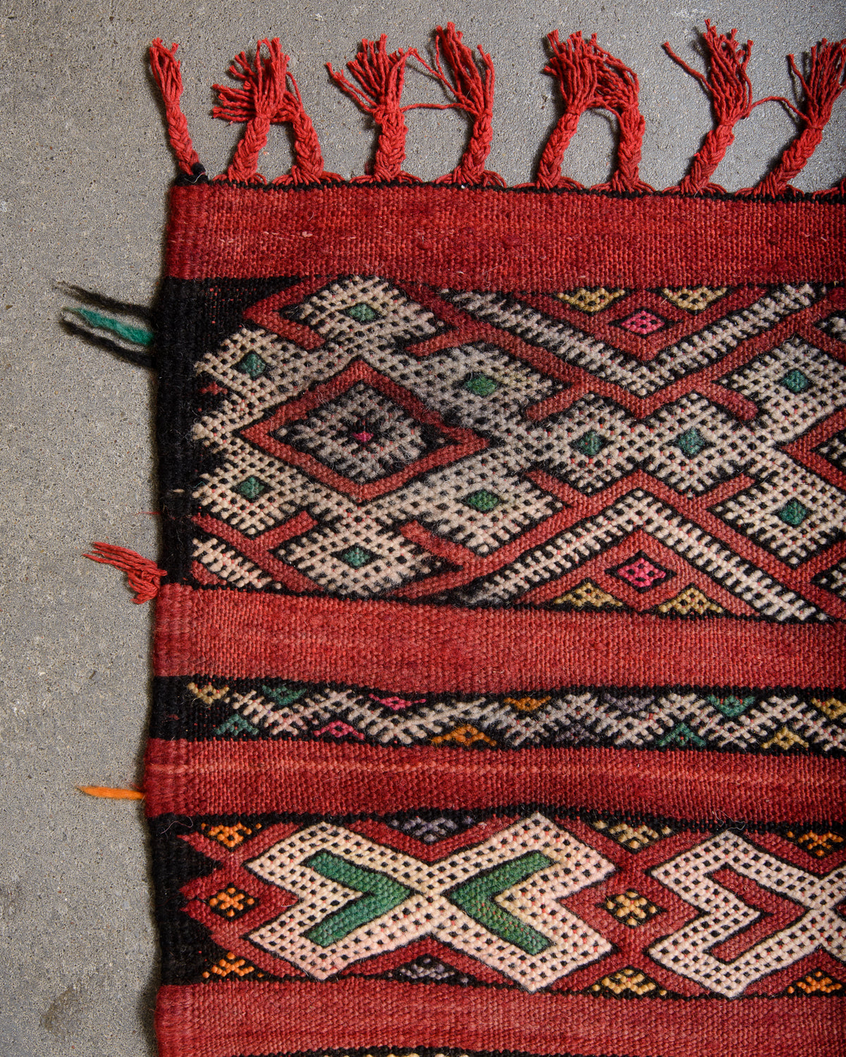 Modern, designer, handcrafted Berber rug from Morocco. Vintage Kelim carpet with beautiful designs and robust flat weave out of wool.