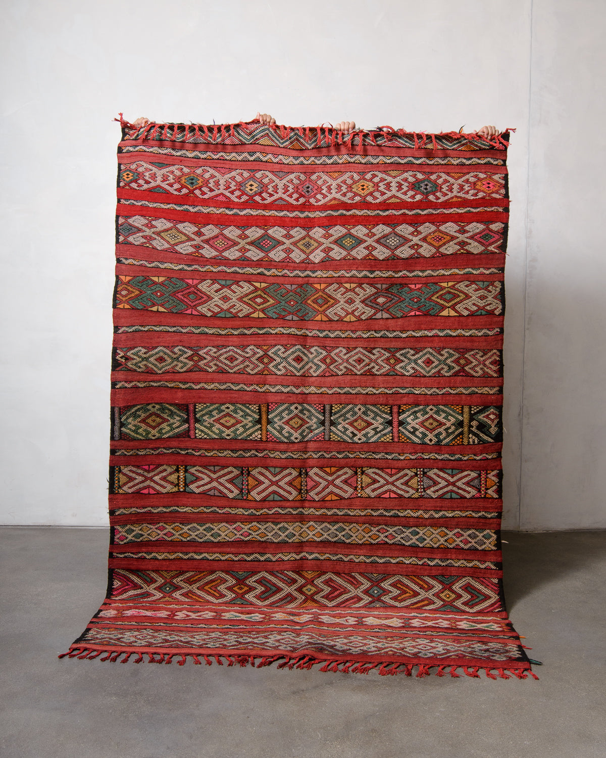 Modern, designer, handcrafted Berber rug from Morocco. Vintage Kelim carpet with beautiful designs and robust flat weave out of wool.