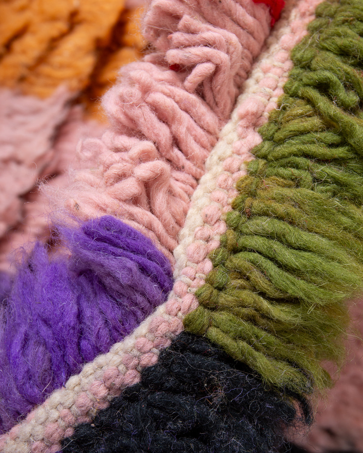 Modern, designer, handcrafted Berber rug from Morocco. Vintage carpet with beautiful colours and patterns and fluffy texture.