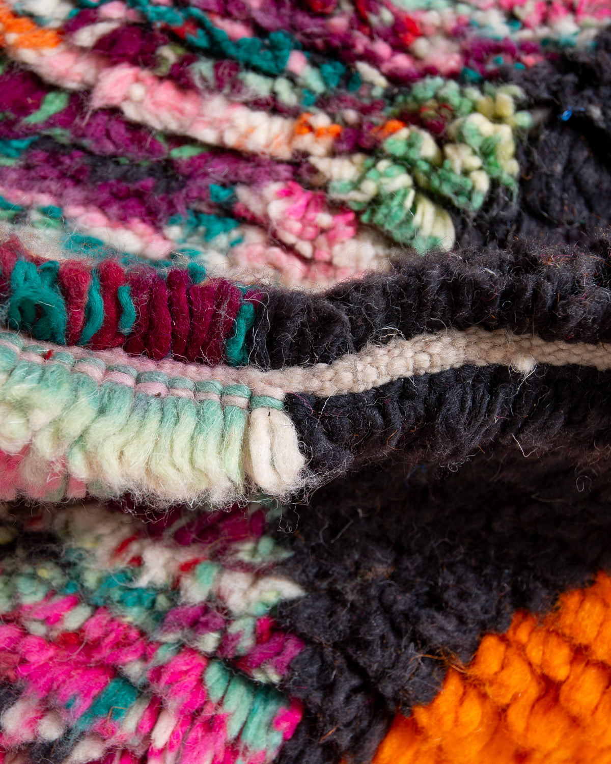 Modern, designer, handcrafted Berber rug from Morocco. Vintage carpet with beautiful colours and patterns and fluffy texture.