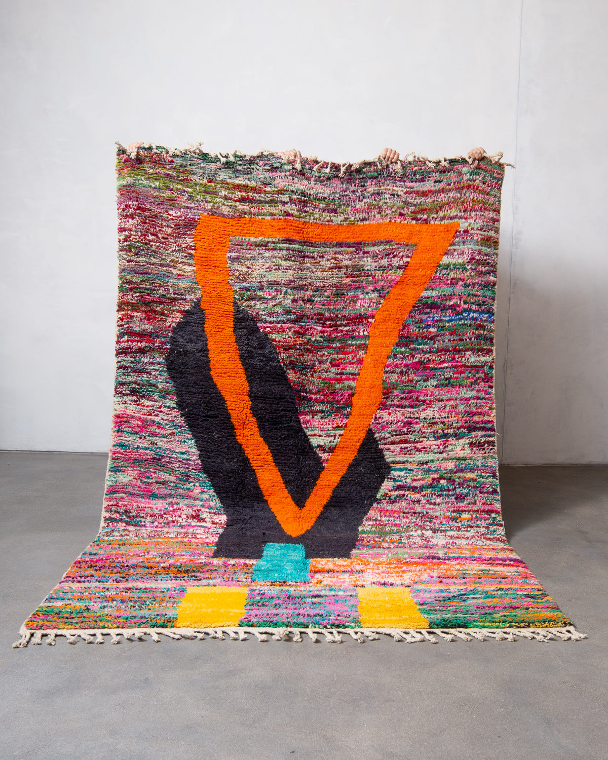 Modern, designer, handcrafted Berber rug from Morocco. Vintage carpet with beautiful colours and patterns and fluffy texture.