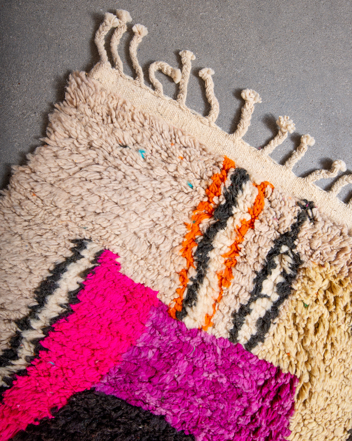 Modern, designer, handcrafted Berber rug from Morocco. Vintage carpet with beautiful colours and patterns and fluffy texture.