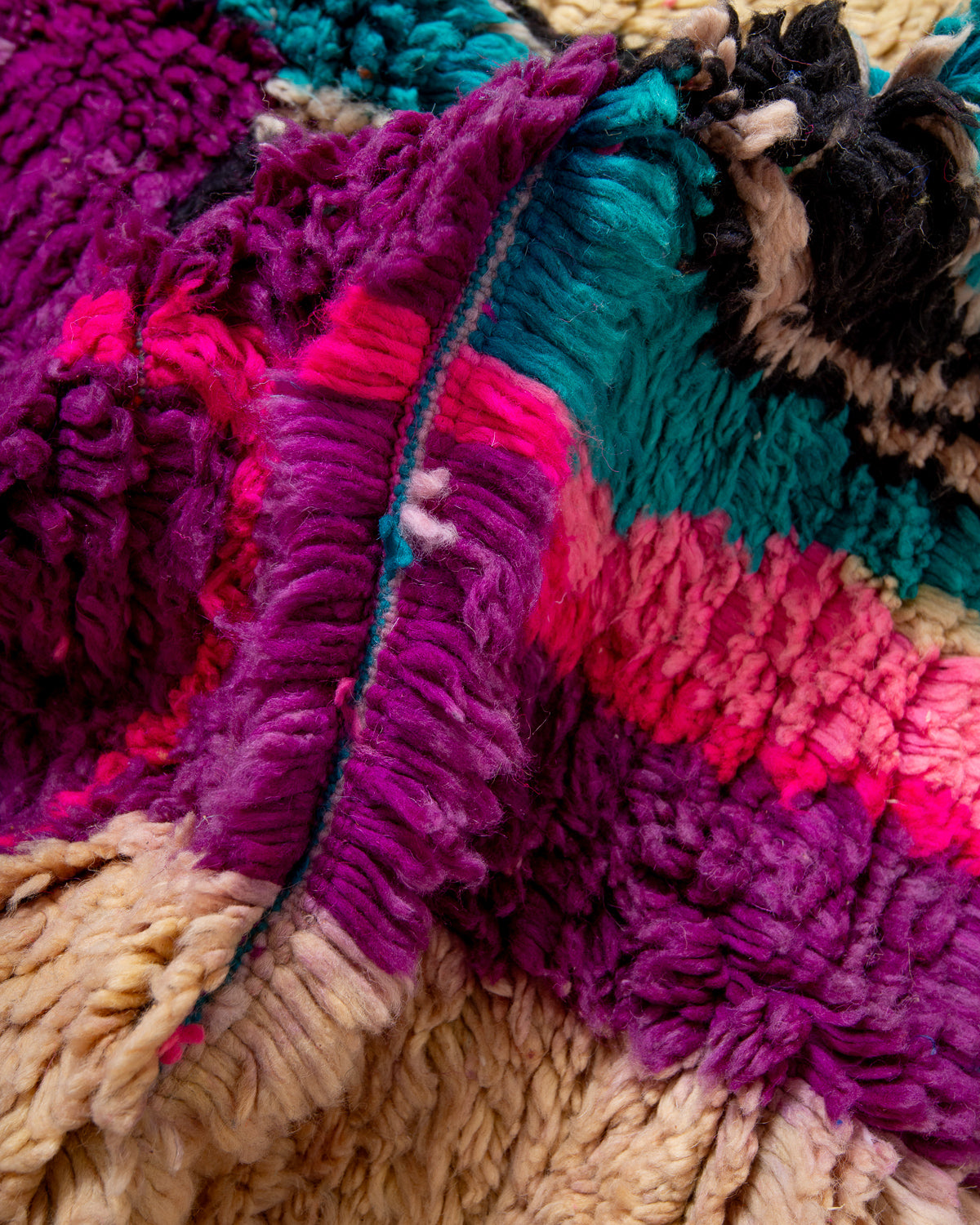 Modern, designer, handcrafted Berber rug from Morocco. Vintage carpet with beautiful colours and patterns and fluffy texture.