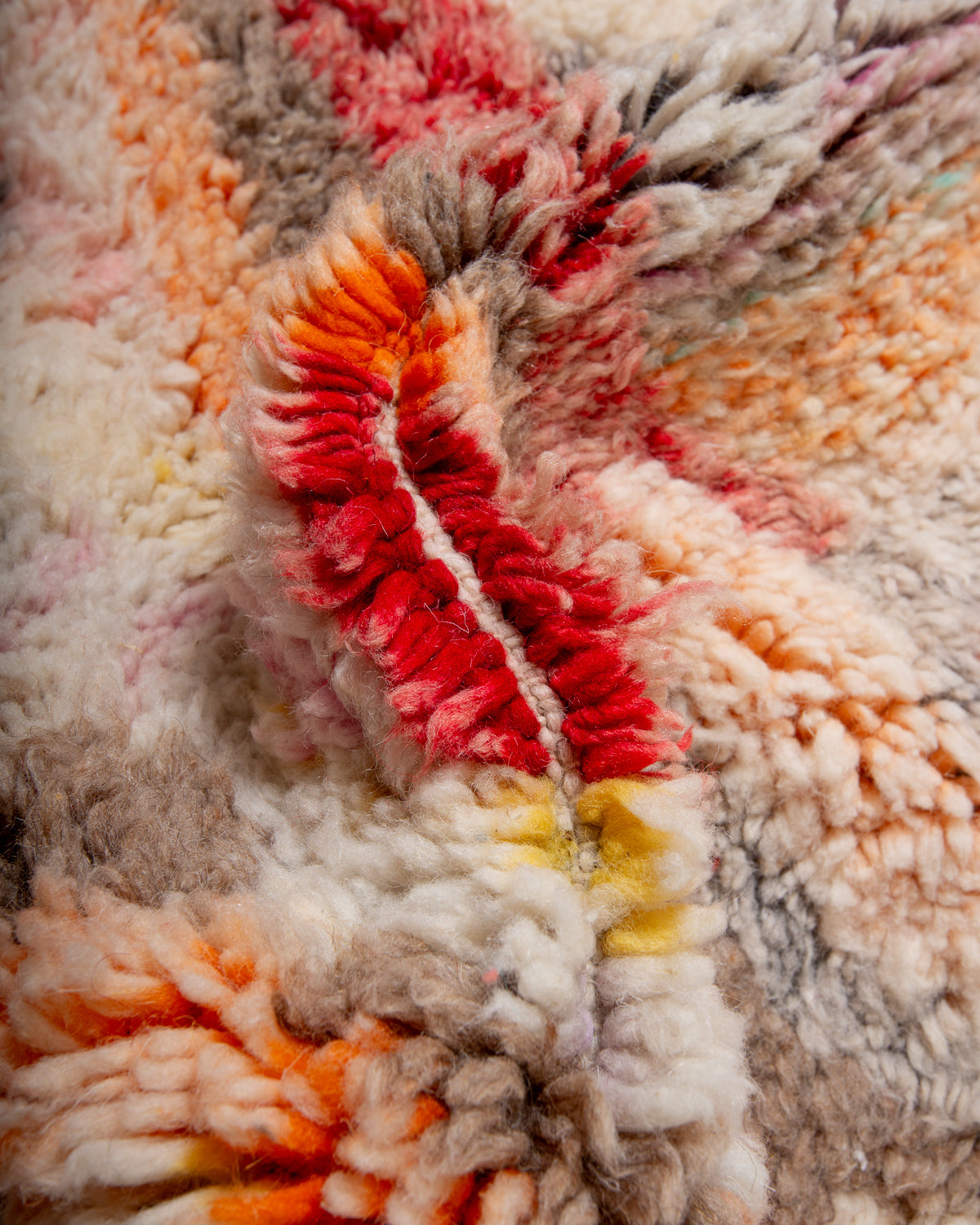 Modern, designer, handcrafted Berber rug from Morocco. Vintage carpet with beautiful colours and patterns and fluffy texture.