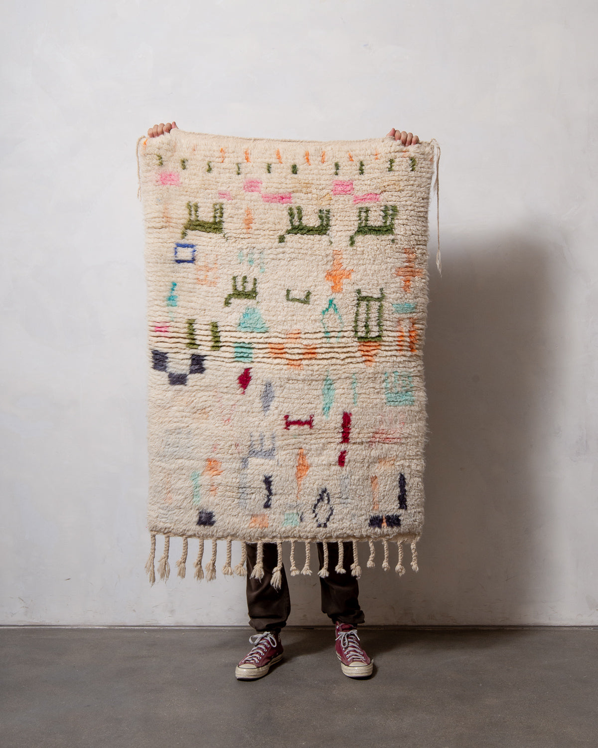 Modern, designer, handcrafted Berber rug from Morocco. Vintage carpet with beautiful colours and patterns and fluffy texture.