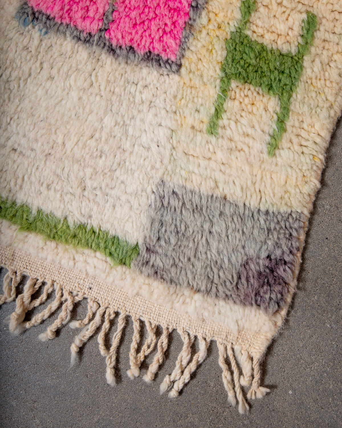 Modern, designer, handcrafted Berber rug from Morocco. Vintage carpet with beautiful colours and patterns and fluffy texture.