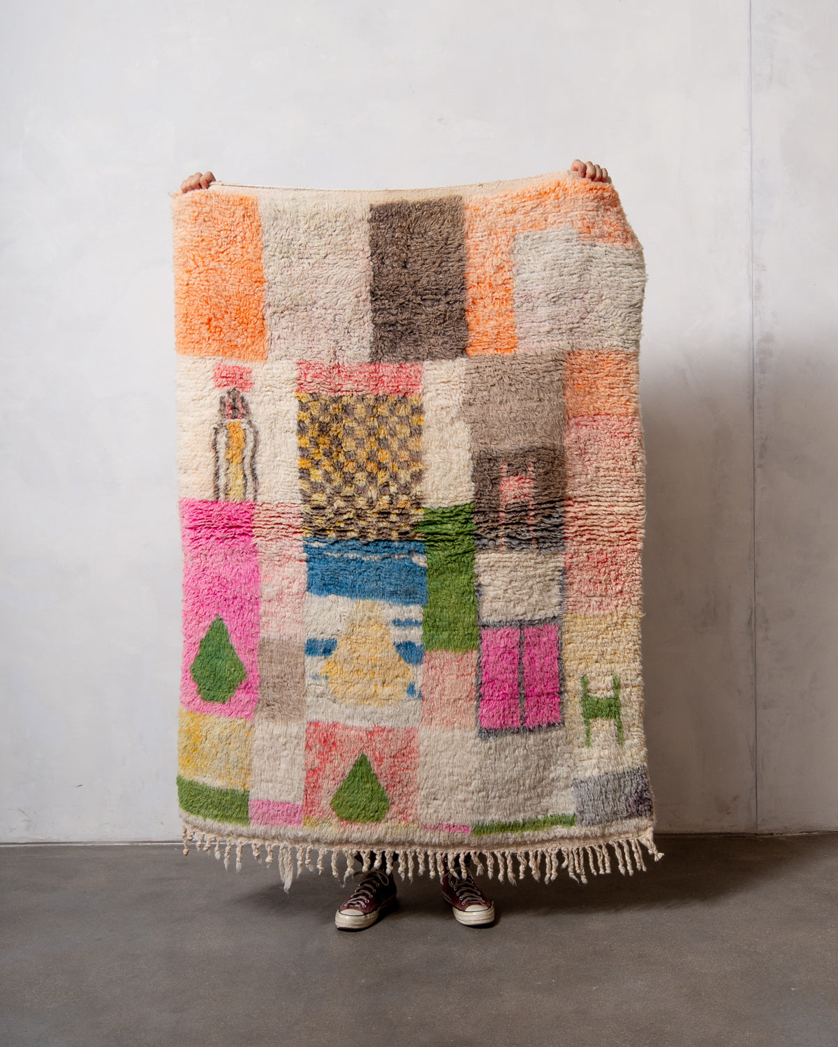 Modern, designer, handcrafted Berber rug from Morocco. Vintage carpet with beautiful colours and patterns and fluffy texture.