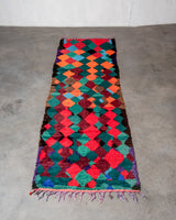 Modern, designer, handcrafted Berber runner rug from Morocco. Vintage carpet with beautiful colours and patterns and fluffy texture.
