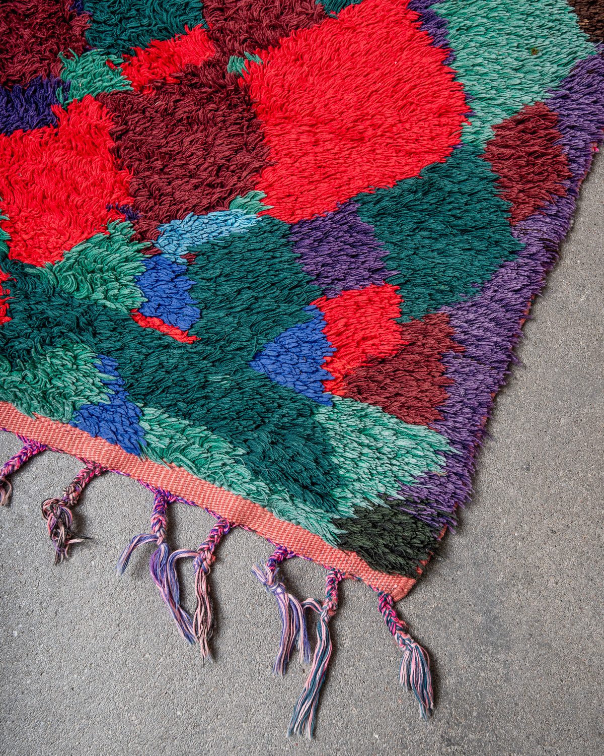 Modern, designer, handcrafted Berber runner rug from Morocco. Vintage carpet with beautiful colours and patterns and fluffy texture.